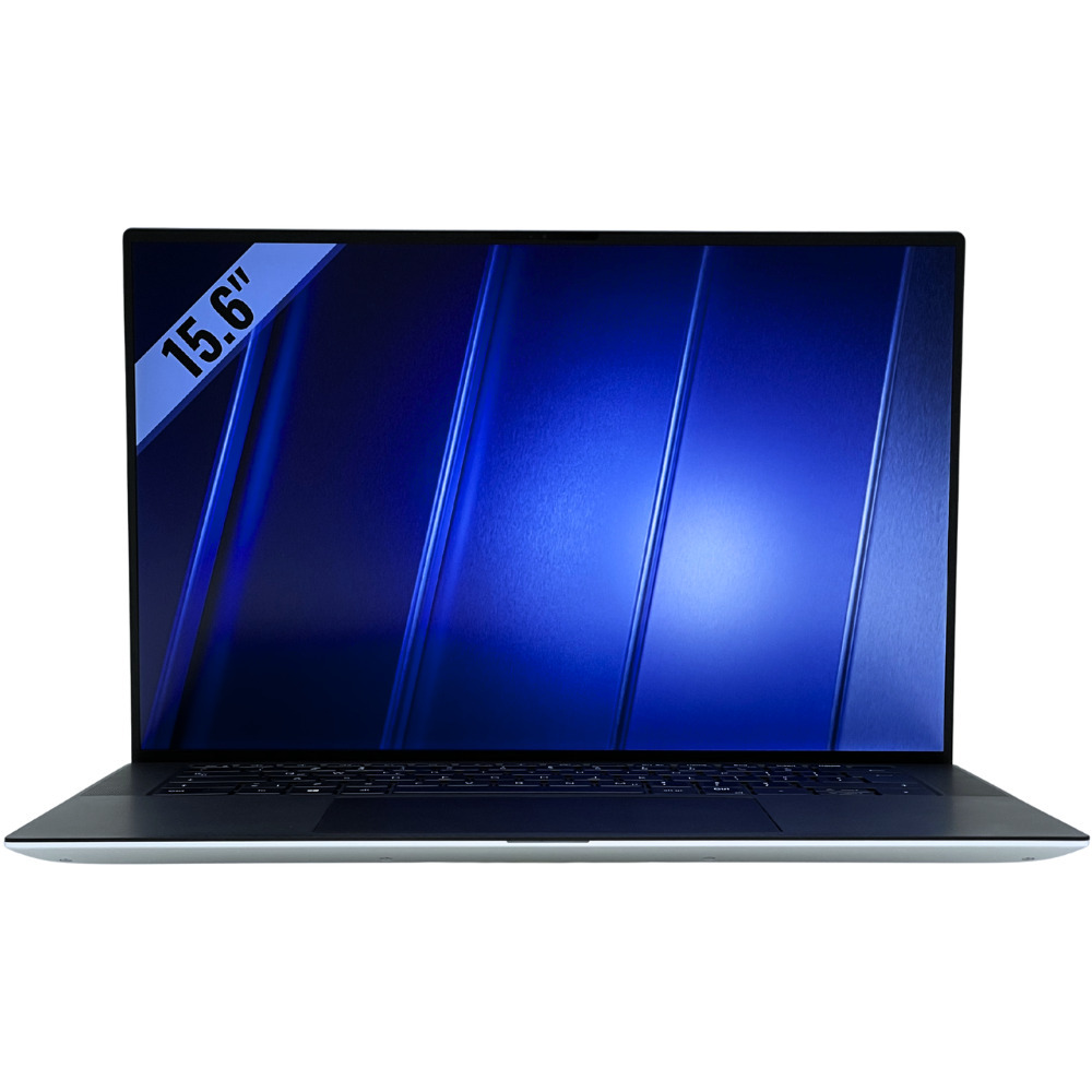 Laptop Dell XPS 15 9510 widok od przodu z włączonym ekranem Full HD plus