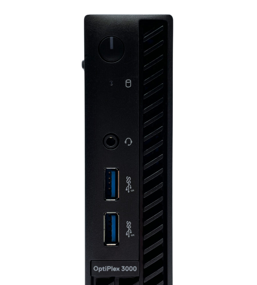 Dell Optiplex 3000 MFF zbliżenie na przedni panel i logo