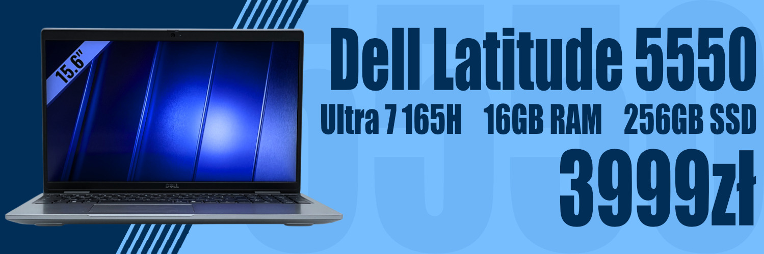 Baner reklamowy laptopa Dell Latitude 5550 z procesorem Intel Core Ultra 7, stworzonego do wymagających zadań biznesowych i profesjonalnych zastosowań.