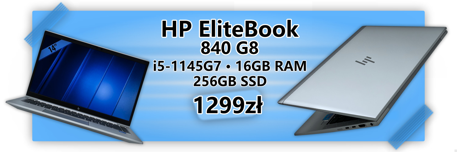 Baner reklamowy prezentujący laptop HP EliteBook 840 G8 wyposażony w procesor Intel Core i5, idealny do pracy zdalnej, biurowej i biznesowej.
