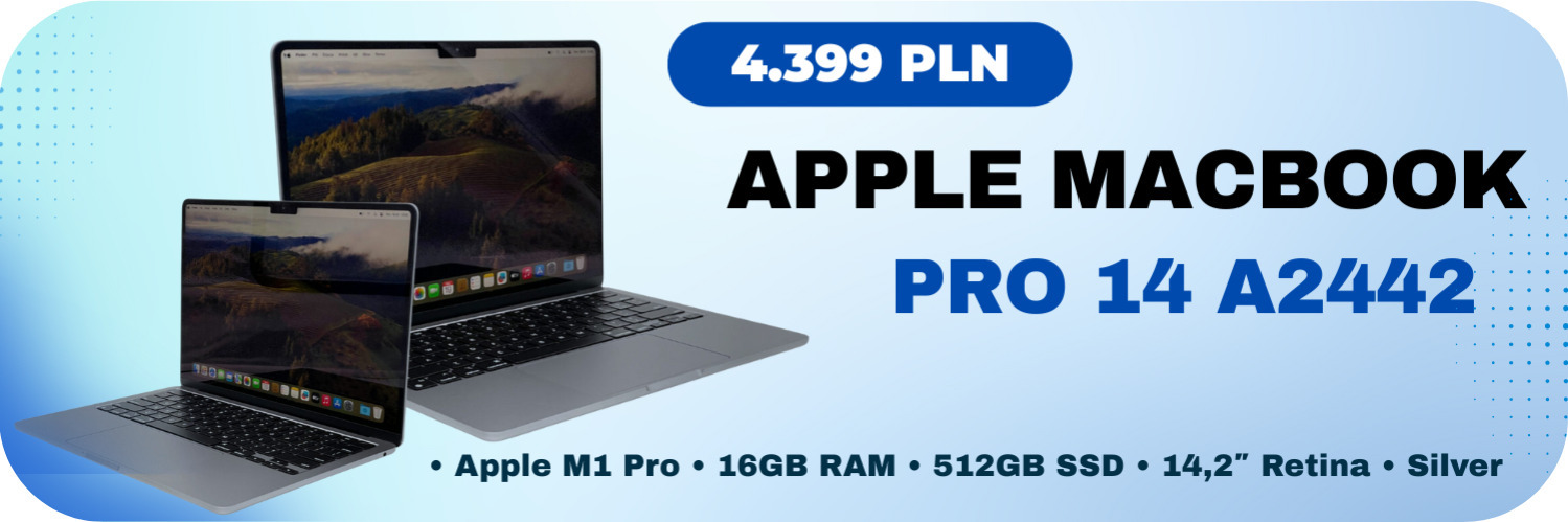 Laptop Apple MacBook Pro 14 A2442 • Apple M1 Pro • 16GB RAM • 512GB SSD • 14,2″ Retina • Silver