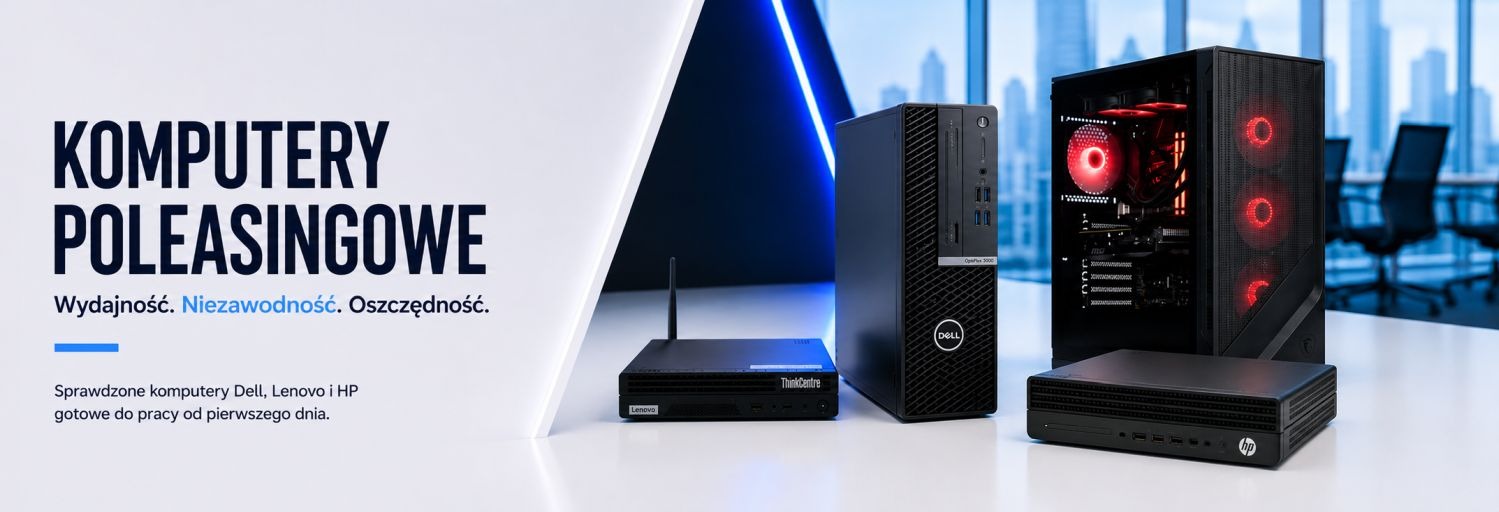 Komputery poleasingowe Dell, Lenovo i HP w nowoczesnym biurze, sprawdzony sprzęt biznesowy gotowy do pracy w Computer Alliance.