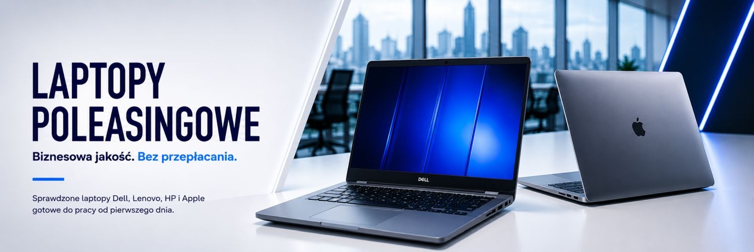 Laptopy poleasingowe – Dell, Lenovo, HP i Apple w nowoczesnym biurze, sprzęt biznesowy gotowy do pracy w ofercie Computer Alliance