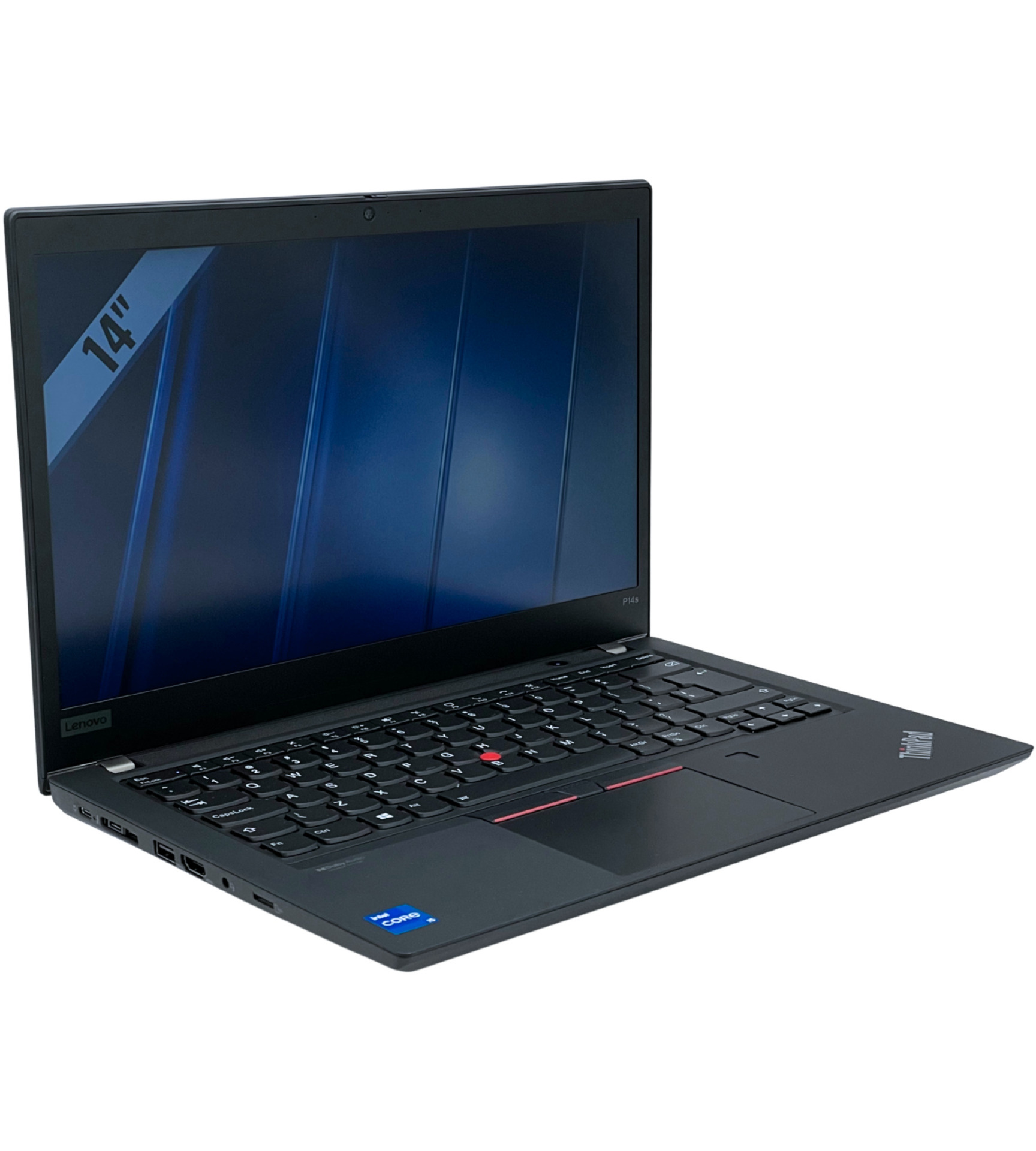 Laptop Lenovo ThinkPad P14s G2 widok z lewej strony pod kątem z portami Thunderbolt USB-C HDMI