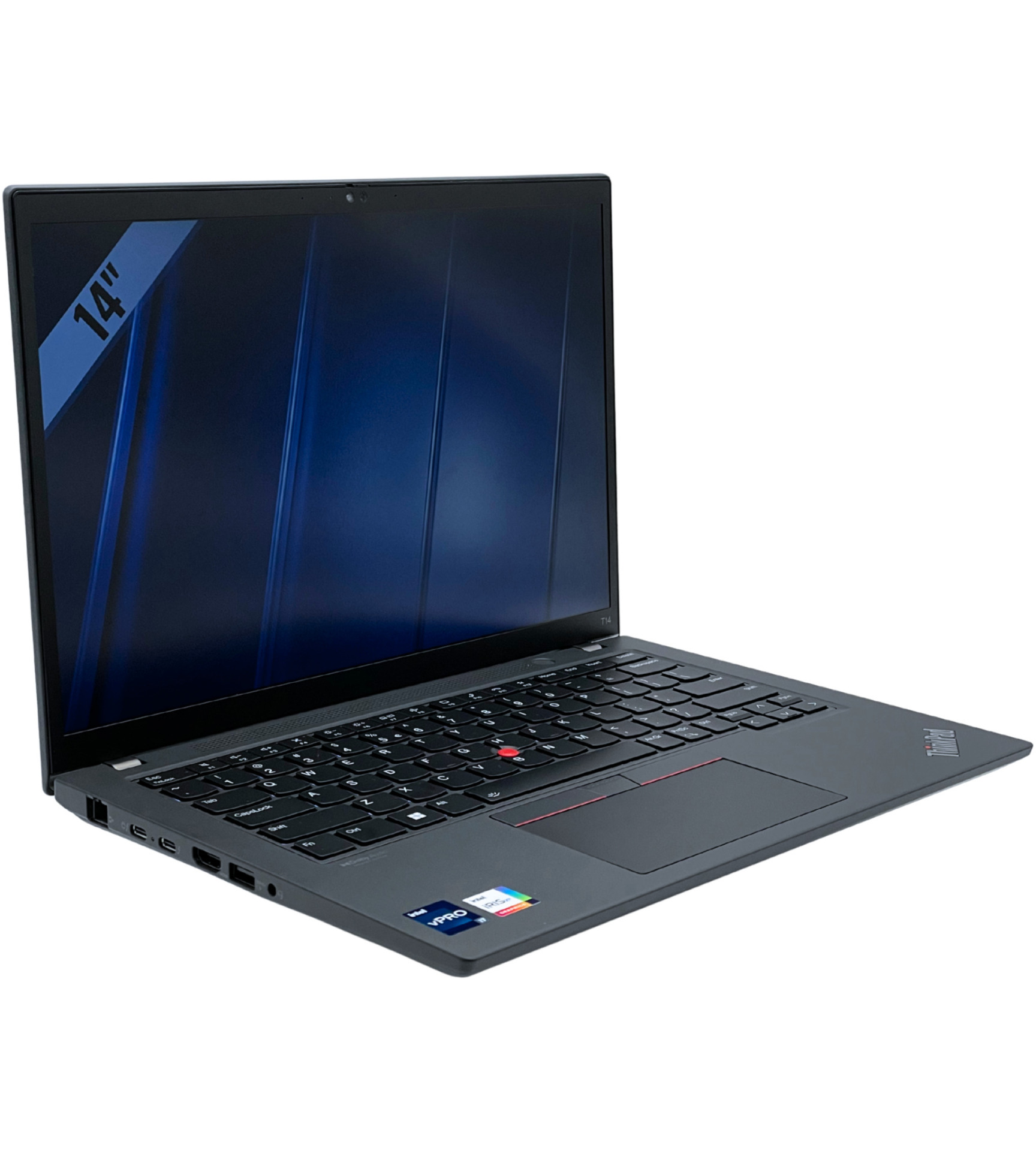 Laptop Lenovo ThinkPad T14 G3 widok z lewej strony pod kątem z portami Thunderbolt 4 HDMI LAN