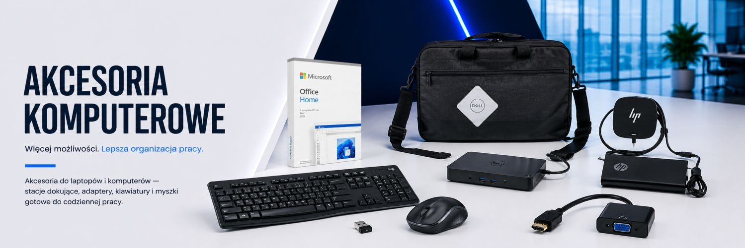 Akcesoria komputerowe – stacja dokująca Dell, klawiatura z myszką oraz adapter HDMI w nowoczesnym biurze, oferta akcesoriów Computer Alliance