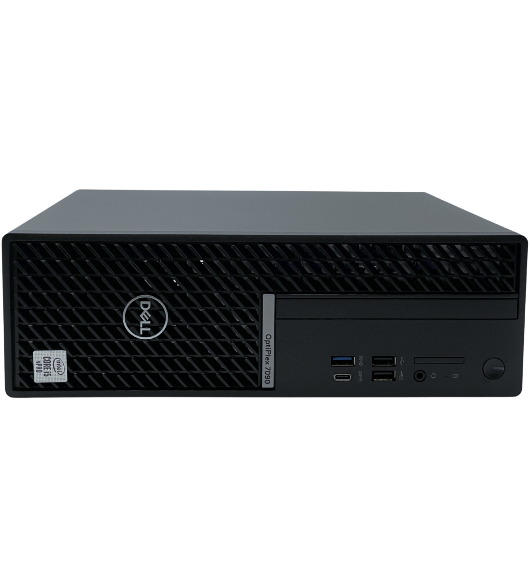 Komputer Dell OptiPlex 7090 SFF widok z przodu obudowa w pozycji poziomej na biurku pod monitor