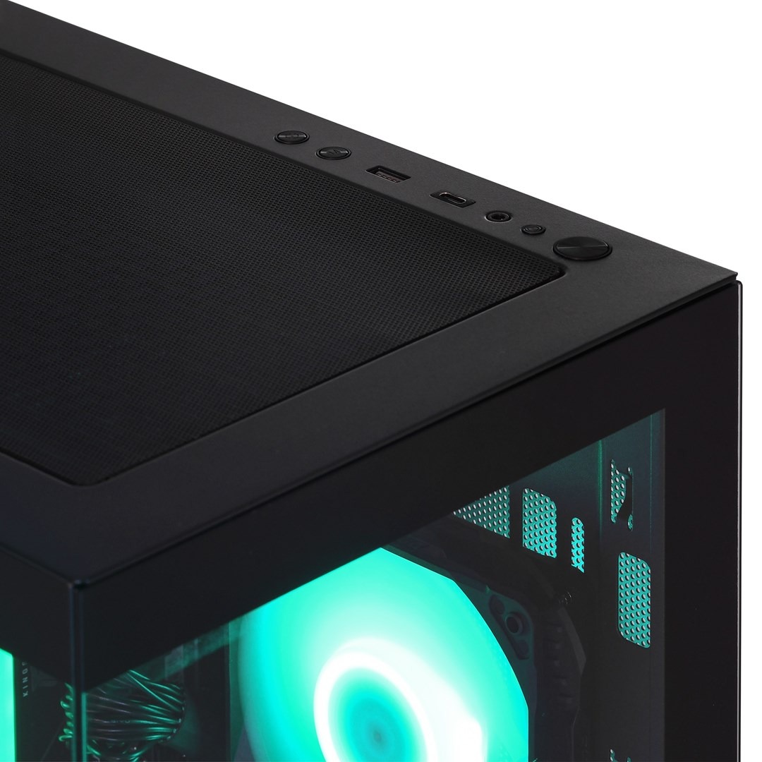 Komputer gamingowy Actina View zbliżenie na górny panel włącznik porty USB audio filtry przeciwkurzowe
