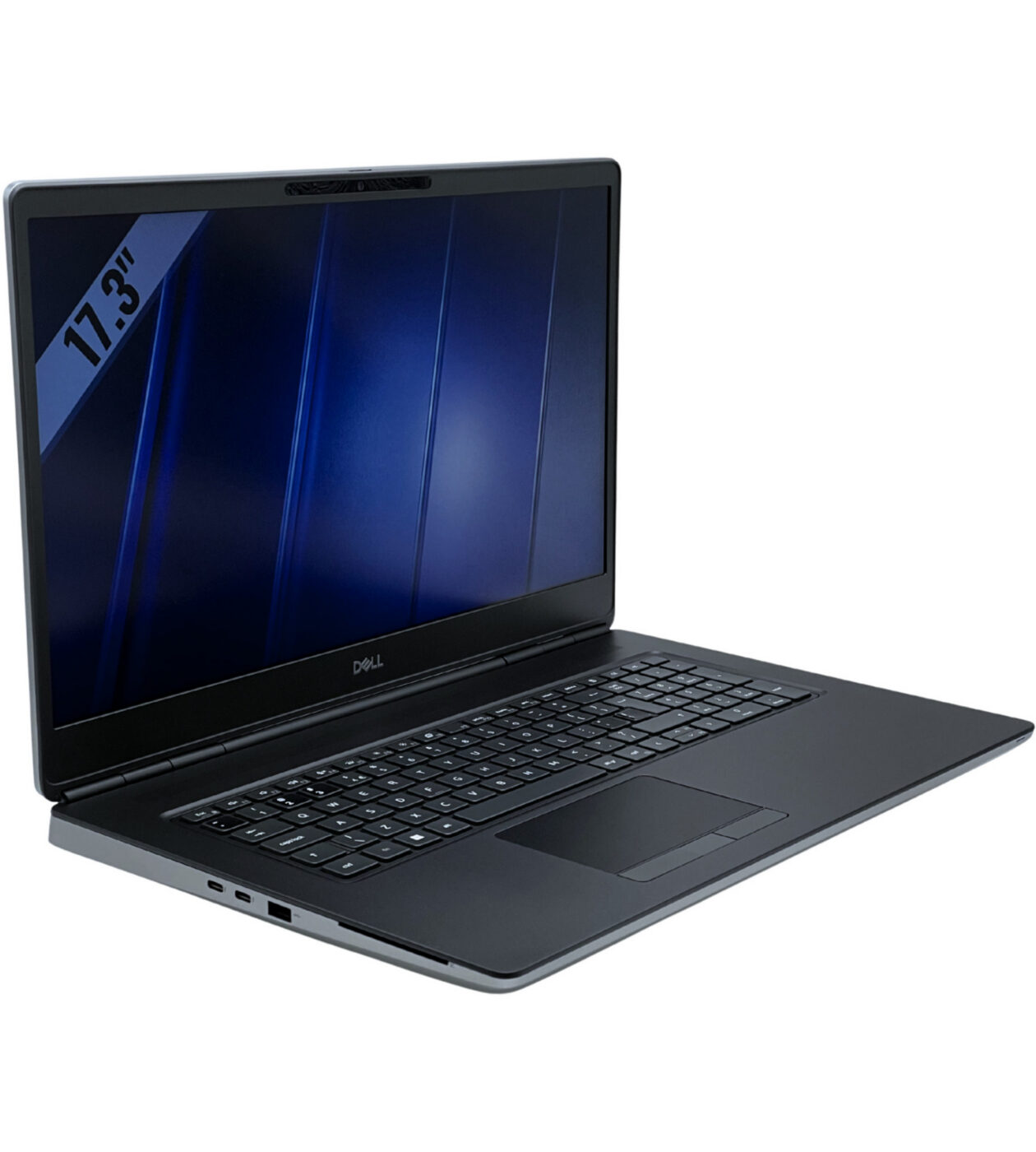 Dell Precision 7760 widok z lewej strony pod kątem z portami Thunderbolt i zasilaniem