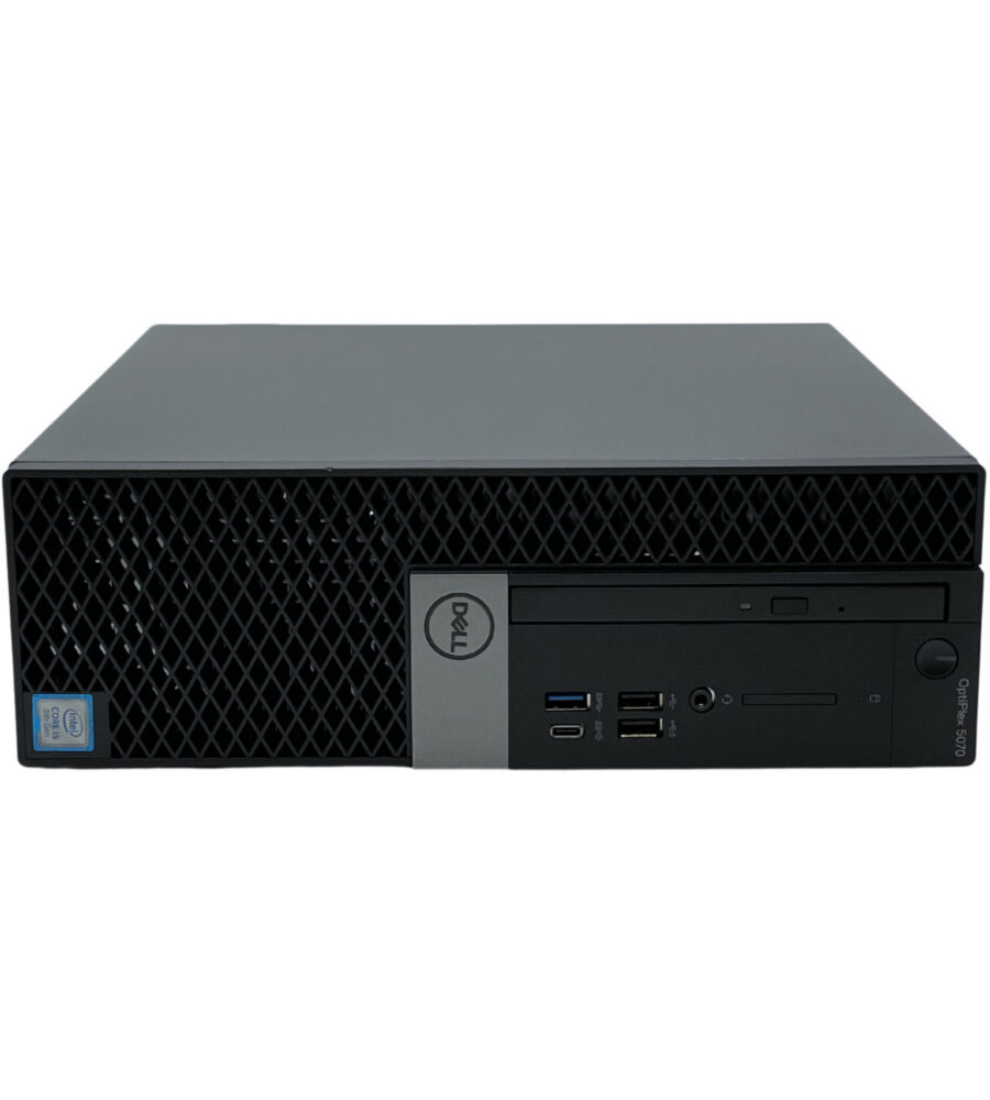 Dell Optiplex 5070 SFF – widok od przodu Komputer poleasingowy Dell Optiplex 5070 SFF widok od przodu na nowoczesny panel