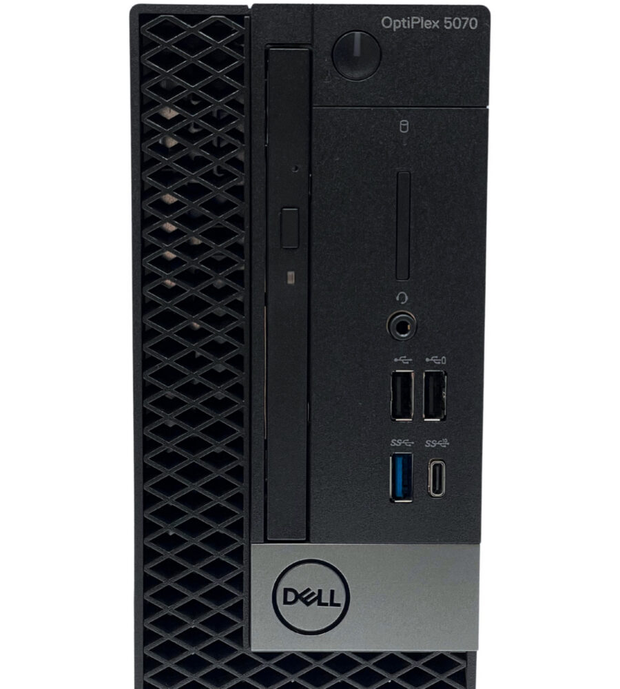 Dell Optiplex 5070 SFF – detal przedniego panelu Zbliżenie na przedni panel Dell Optiplex 5070 SFF porty USB i włącznik