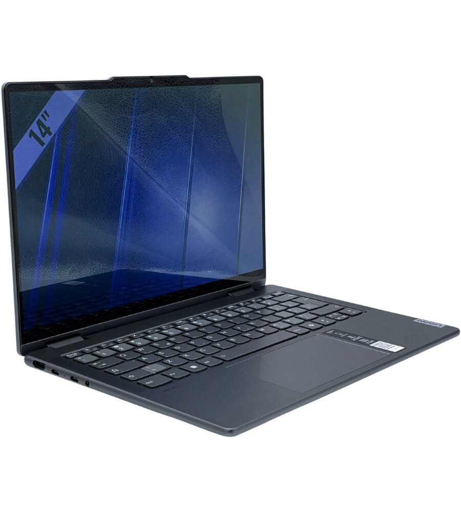 Lenovo Yoga 7 2w1 14AHP9 – lewy bok pod kątem. Lenovo Yoga 7 2w1 14AHP9 widok z lewej strony pod kątem z widocznymi portami.