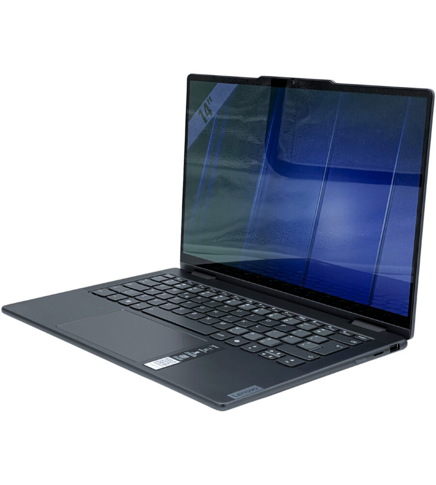 Lenovo Yoga 7 2w1 14AHP9 – prawy bok pod kątem. Lenovo Yoga 7 2w1 14AHP9 widok z prawej strony pod kątem z portami i włącznikiem.