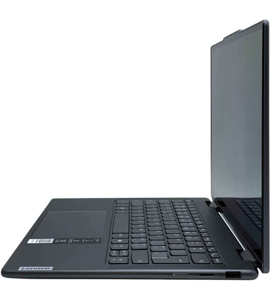Lenovo Yoga 7 2w1 14AHP9 – prawy profil laptopa. Lenovo Yoga 7 2w1 14AHP9 widok bezpośrednio na prawy bok z profilu z portem USB i czytnikiem kart.