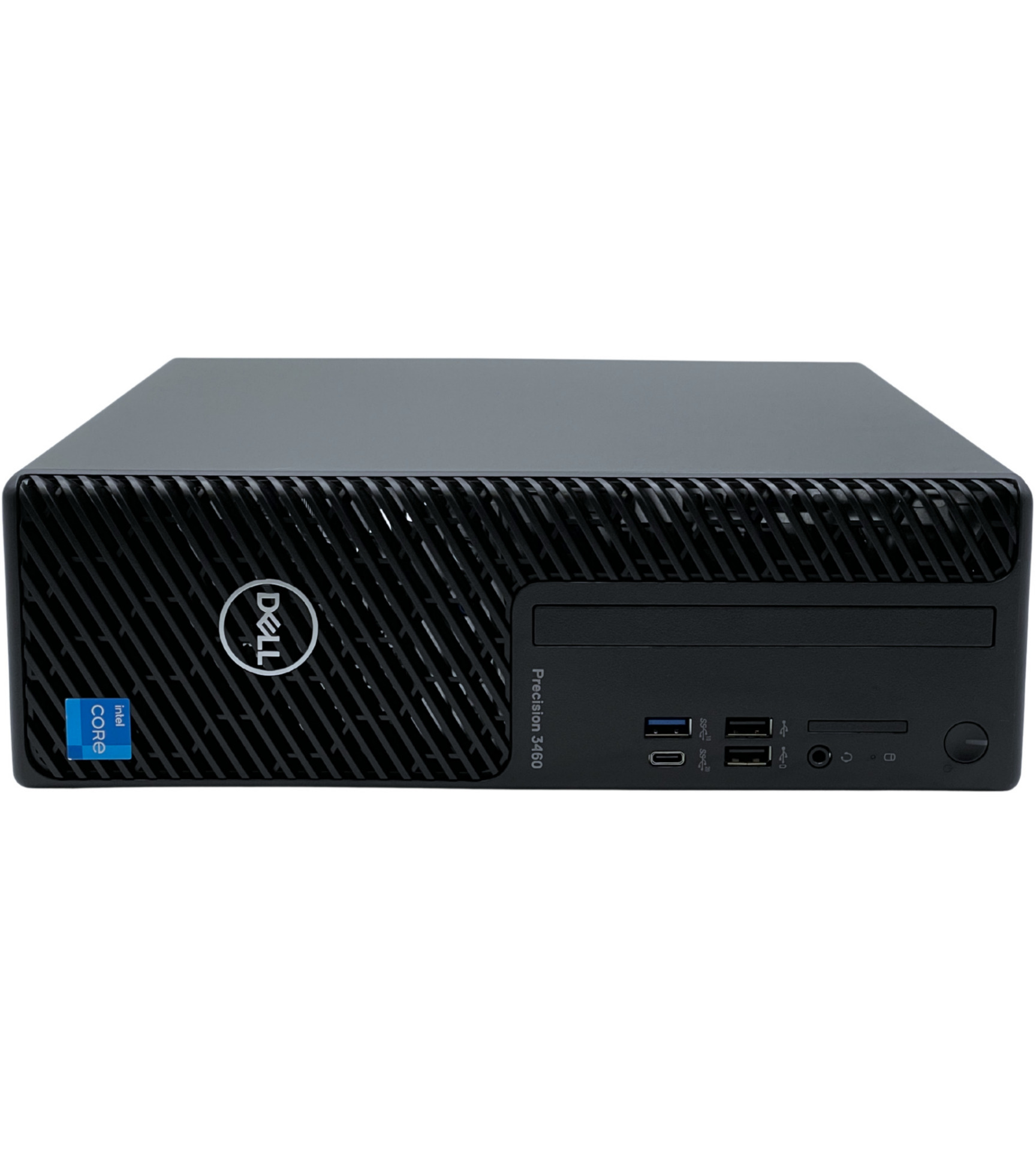 Stacja robocza Dell Precision 3460 SFF widok z przodu obudowa w pozycji poziomej na biurku pod monitor płaska