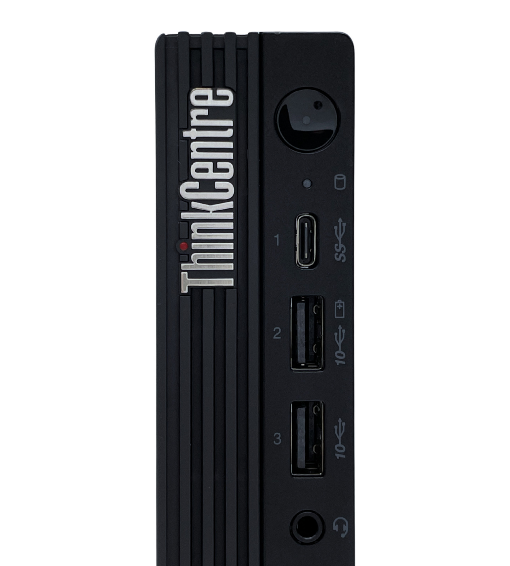 Komputer Lenovo ThinkCentre M70q Gen 3 Tiny przybliżony widok frontowy na porty USB-C USB audio włącznik