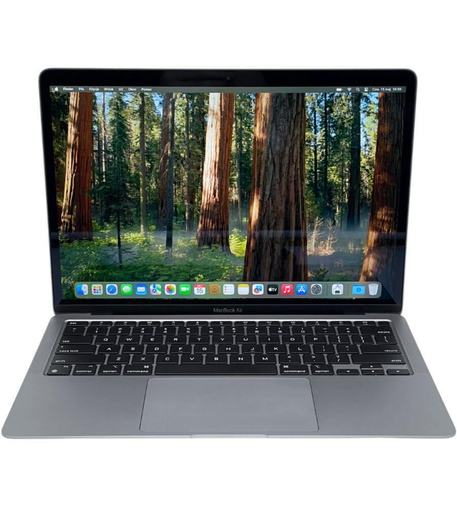 Apple MacBook Air 13 A2337 – widok od przodu. Apple MacBook Air 13 A2337 widok główny od przodu z otwartą klapą.