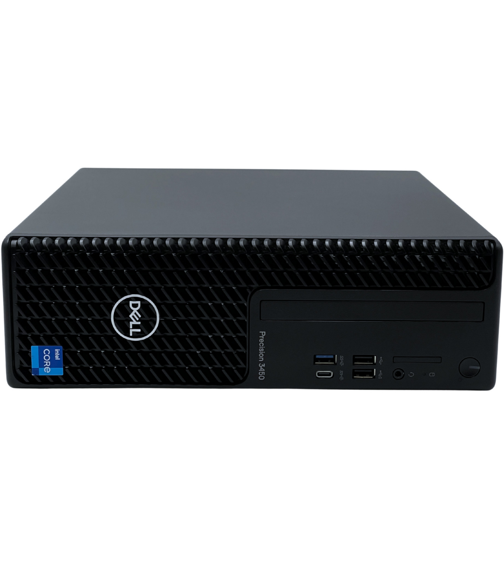 Stacja robocza Dell Precision 3450 SFF widok z przodu obudowa w pozycji poziomej na biurku pod monitor
