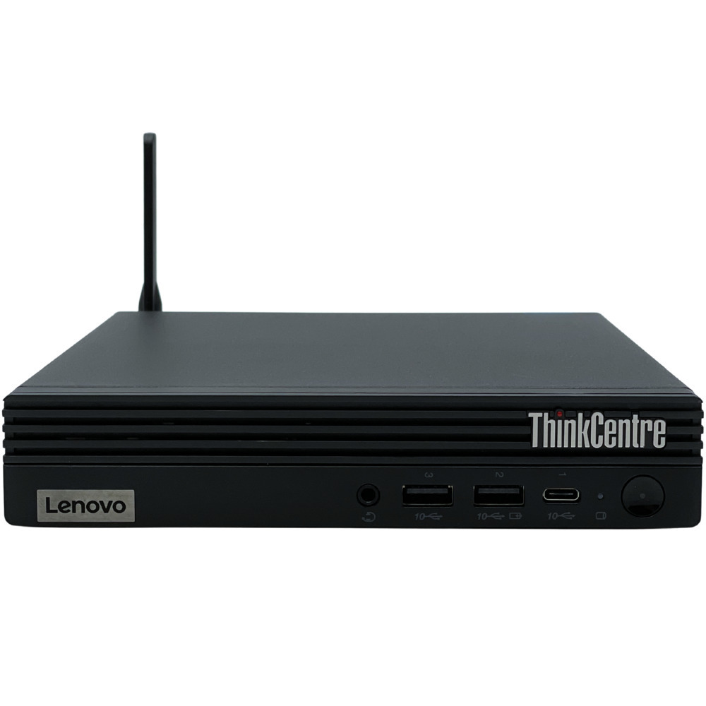 Komputer Lenovo ThinkCentre M80q Gen 3 Tiny widok z przodu obudowa w pozycji poziomej na biurku