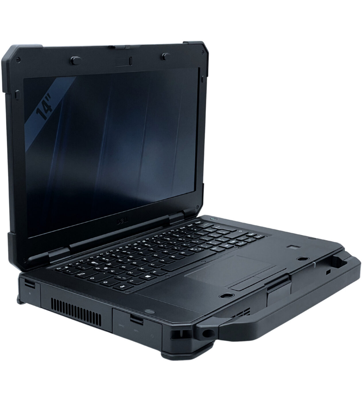 Dell Latitude 5424 Rugged widok z lewej strony pod kątem prezentujący ochronne klapki portów