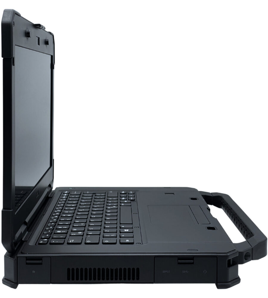 Dell Latitude 5424 Rugged – profil lewej strony Dell Latitude 5424 Rugged bezpośredni profil lewej strony obudowy z zamkniętymi panelami ochronnymi