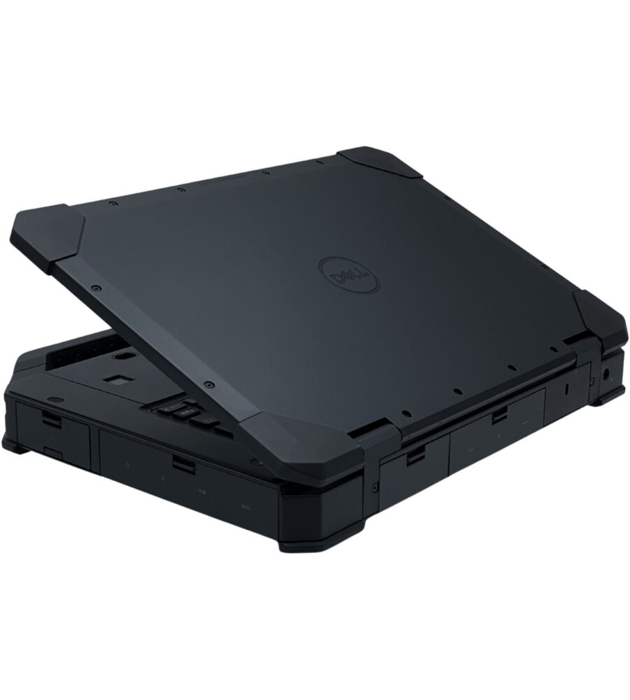 Dell Latitude 5424 Rugged – zamknięta klapa matrycy Zamknięta pancerna obudowa Dell Latitude 5424 Rugged z tłoczonym logo i uchwytem widok z góry