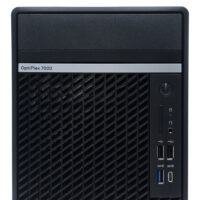 Dell OptiPlex 7000 Tower – frontowe porty zbliżenie Komputer Dell OptiPlex 7000 Tower przybliżony widok frontowy na porty USB USB-C włącznik audio