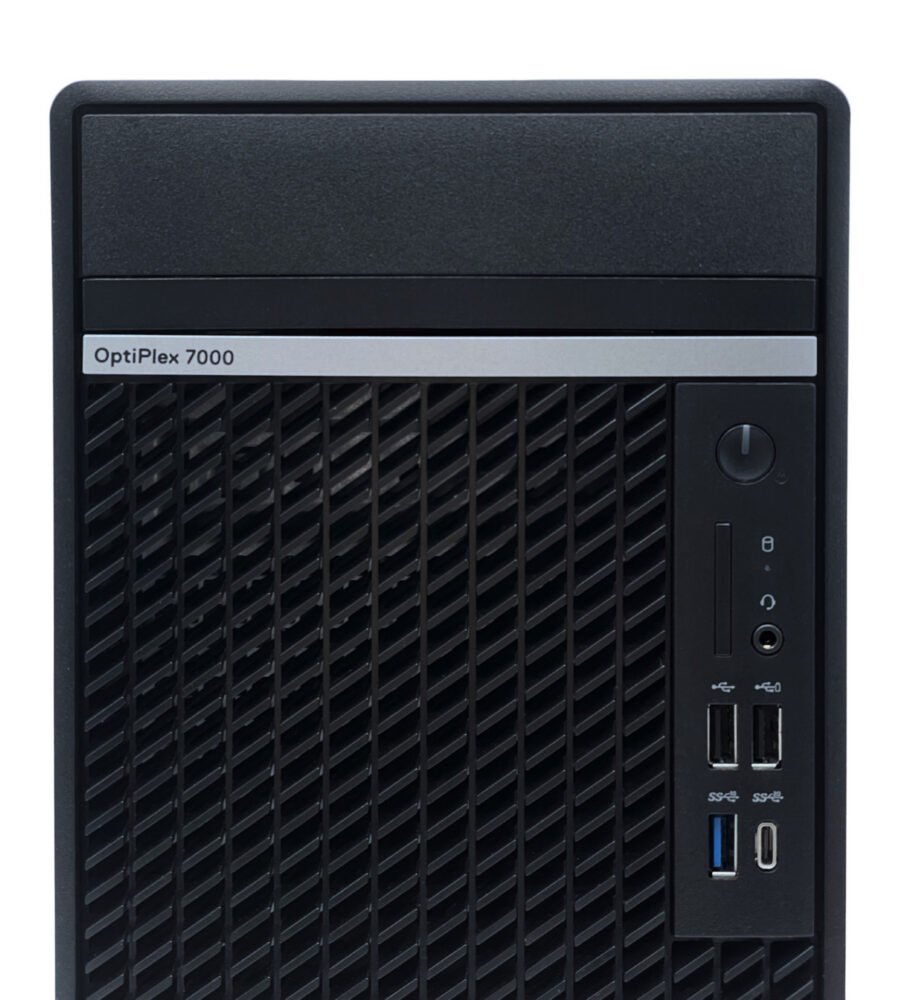 Dell OptiPlex 7000 Tower – frontowe porty zbliżenie Komputer Dell OptiPlex 7000 Tower przybliżony widok frontowy na porty USB USB-C włącznik audio