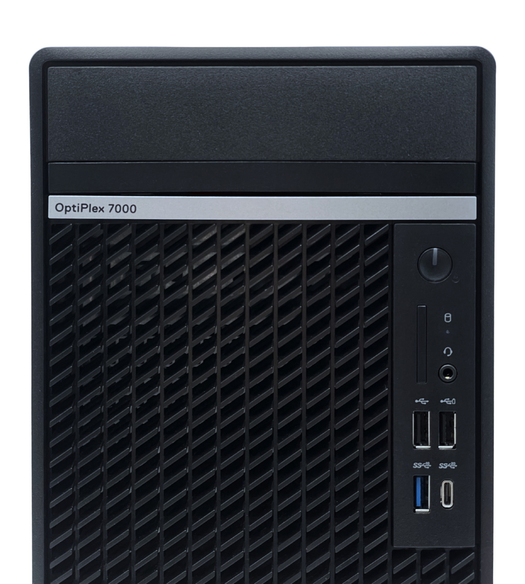 Komputer Dell OptiPlex 7000 Tower przybliżony widok frontowy na porty USB USB-C włącznik audio