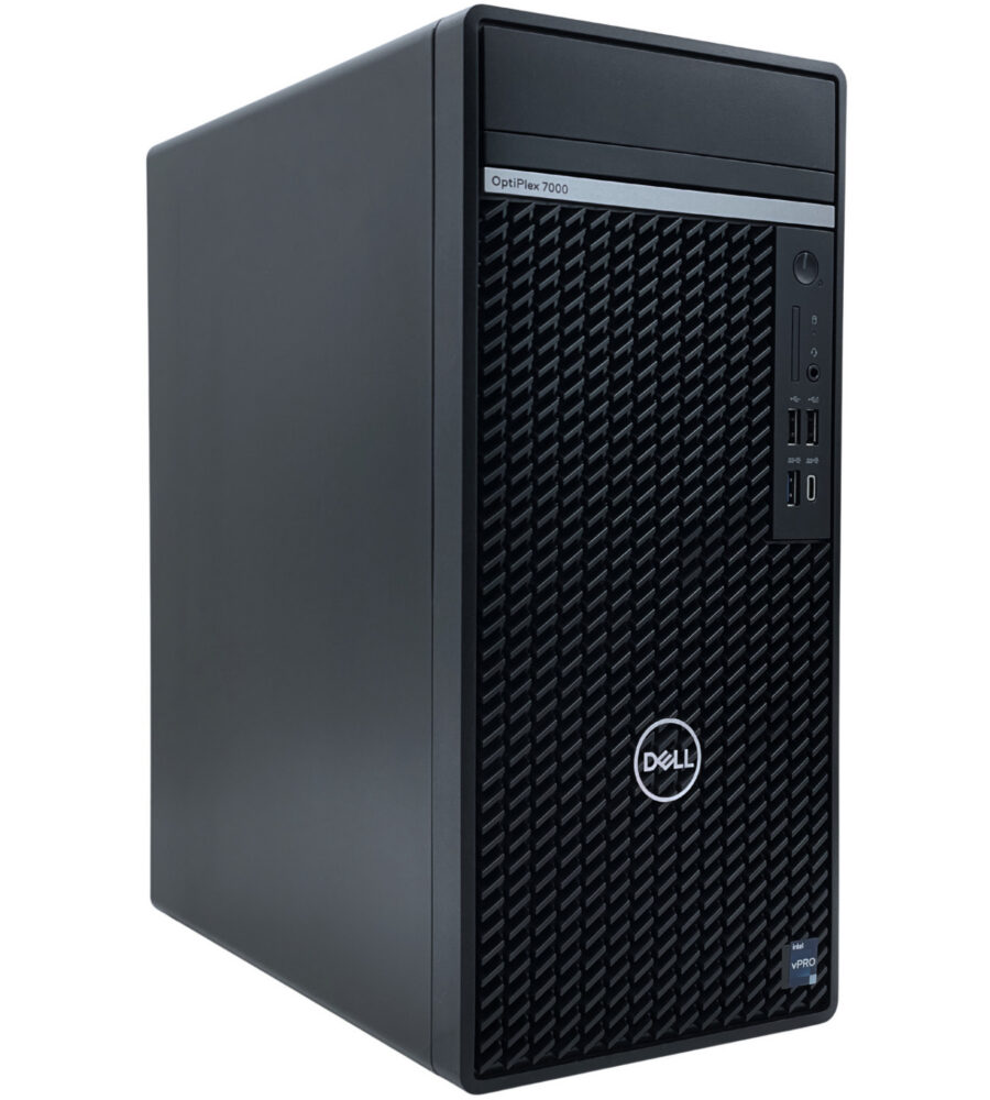 Dell OptiPlex 7000 Tower – widok z lewej strony pod kątem Komputer Dell OptiPlex 7000 Tower widok z lewej strony pod kątem obudowa metalowa solidna pojemna
