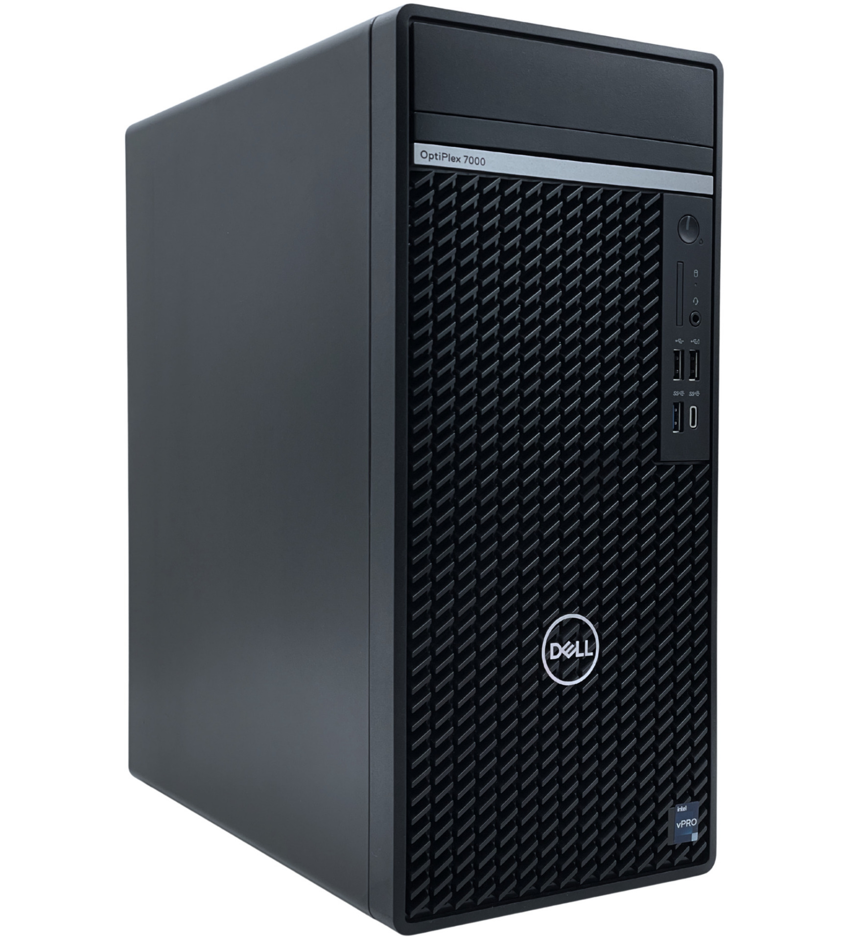 Komputer Dell OptiPlex 7000 Tower widok z lewej strony pod kątem obudowa metalowa solidna pojemna