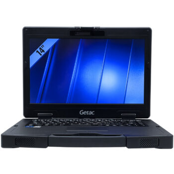 Getac S410 G4 Rugged – widok od przodu laptopa Pancerny laptop poleasingowy Getac S410 G4 Rugged widok od przodu z otwartym ekranem i rączką