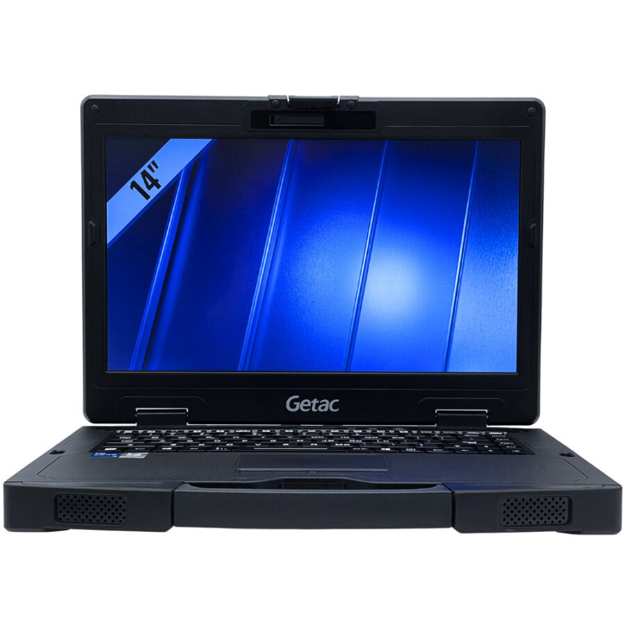 Pancerny laptop poleasingowy Getac S410 G4 Rugged widok od przodu z otwartym ekranem i rączką