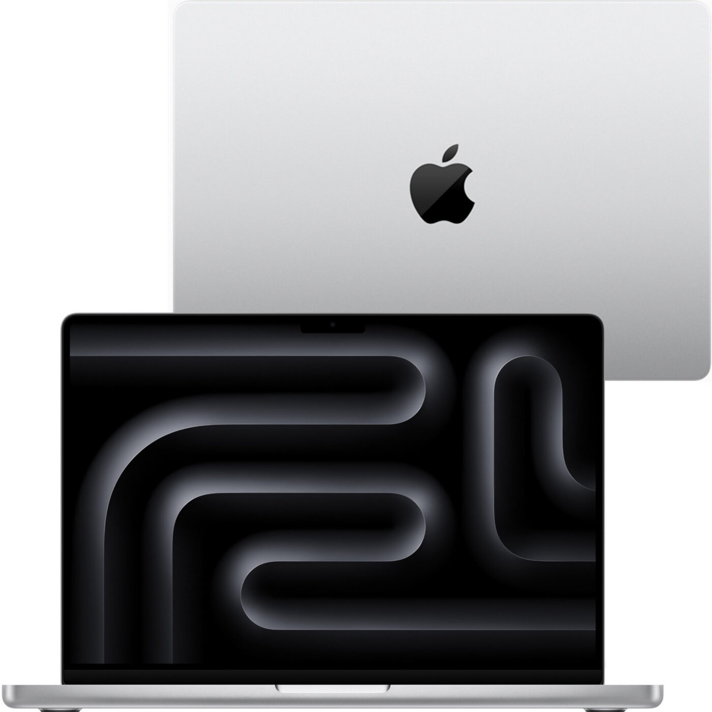 Laptop poleasingowy Apple MacBook Pro 14 A2992 widok od przodu z otwartym jasnym ekranem Retina XDR oraz widoczna klapa