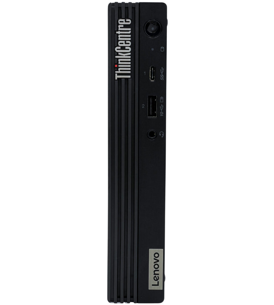 Lenovo ThinkCentre M70q G2 Tiny – górna część przedniego profilu Lenovo ThinkCentre M70q G2 Tiny zbliżenie na przedni panel roboczy i perforację chłodzenia
