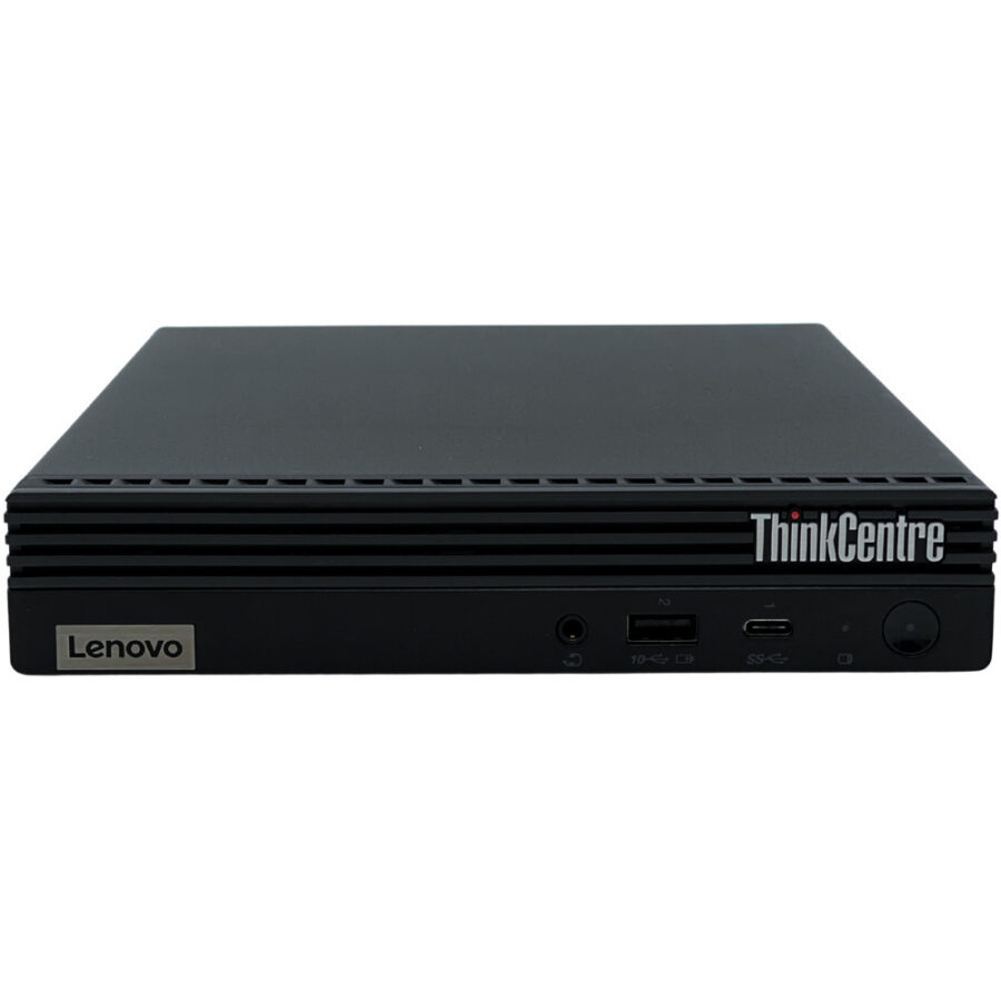 Lenovo ThinkCentre M70q G2 Tiny – widok od przodu komputera Komputer poleasingowy Lenovo ThinkCentre M70q G2 Tiny widok od przodu z widocznymi portami USB i audio