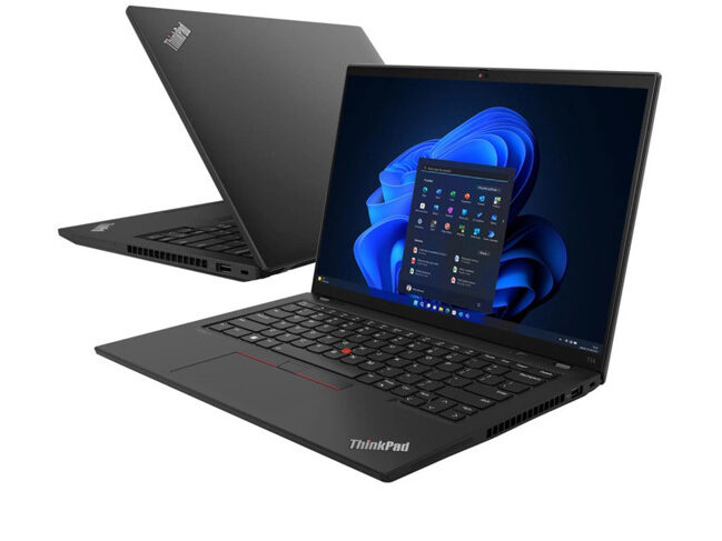 Laptop Lenovo ThinkPad T14s Gen 2 zdjęcie stockowe otwarty przód pod kątem i zamknięty tył obudowy
