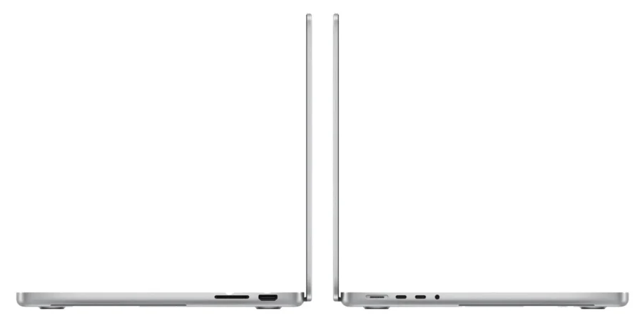 Apple MacBook Pro 14 A2992 – profil prawej oraz lewej strony Apple MacBook Pro 14 A2992 profil prawego oraz lewego boku aluminiowej obudowy ze złączem wideo i slotem kart