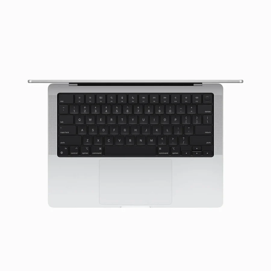 Apple MacBook Pro 14 A2992 – panel roboczy i klawiatura Magic Keyboard Klawiatura Magic Keyboard z czarnym tłem i czytnikiem Touch ID w laptopie Apple MacBook Pro 14 A2992