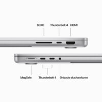 Apple MacBook Pro 14 A2992 – prawy oraz lewy bok pod kątem Apple MacBook Pro 14 A2992 widok prezentujący porty HDMI oraz czytnik kart SDXC