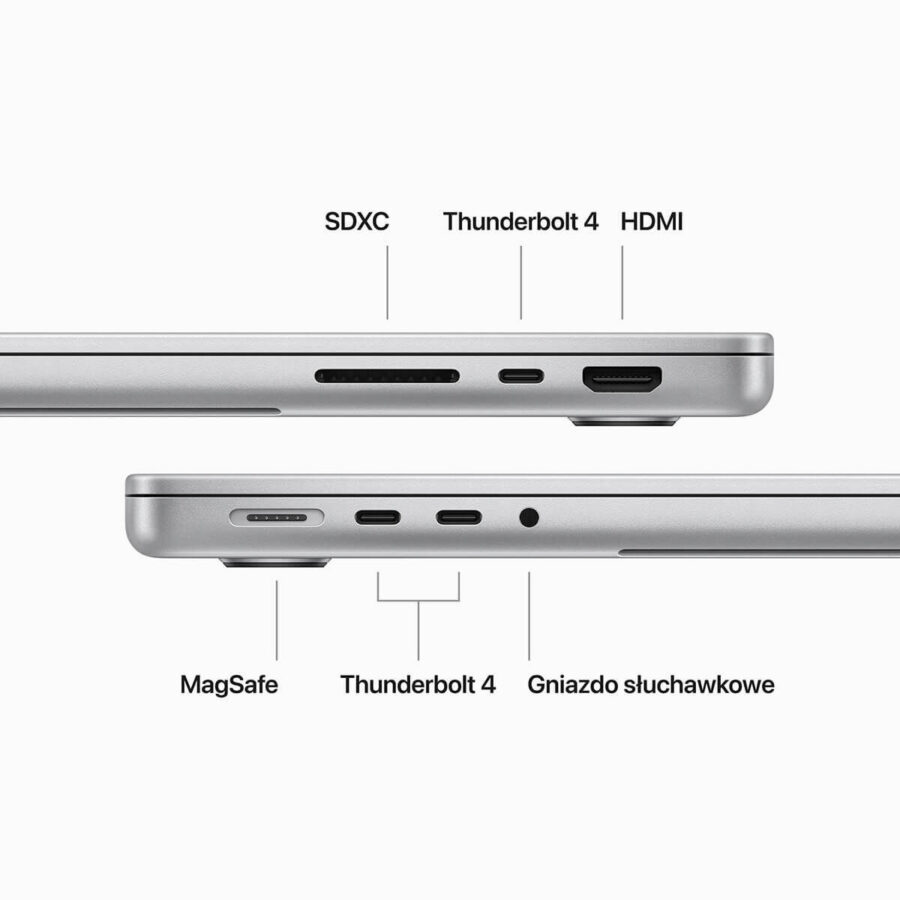 Apple MacBook Pro 14 A2992 – prawy oraz lewy bok pod kątem Apple MacBook Pro 14 A2992 widok prezentujący porty HDMI oraz czytnik kart SDXC