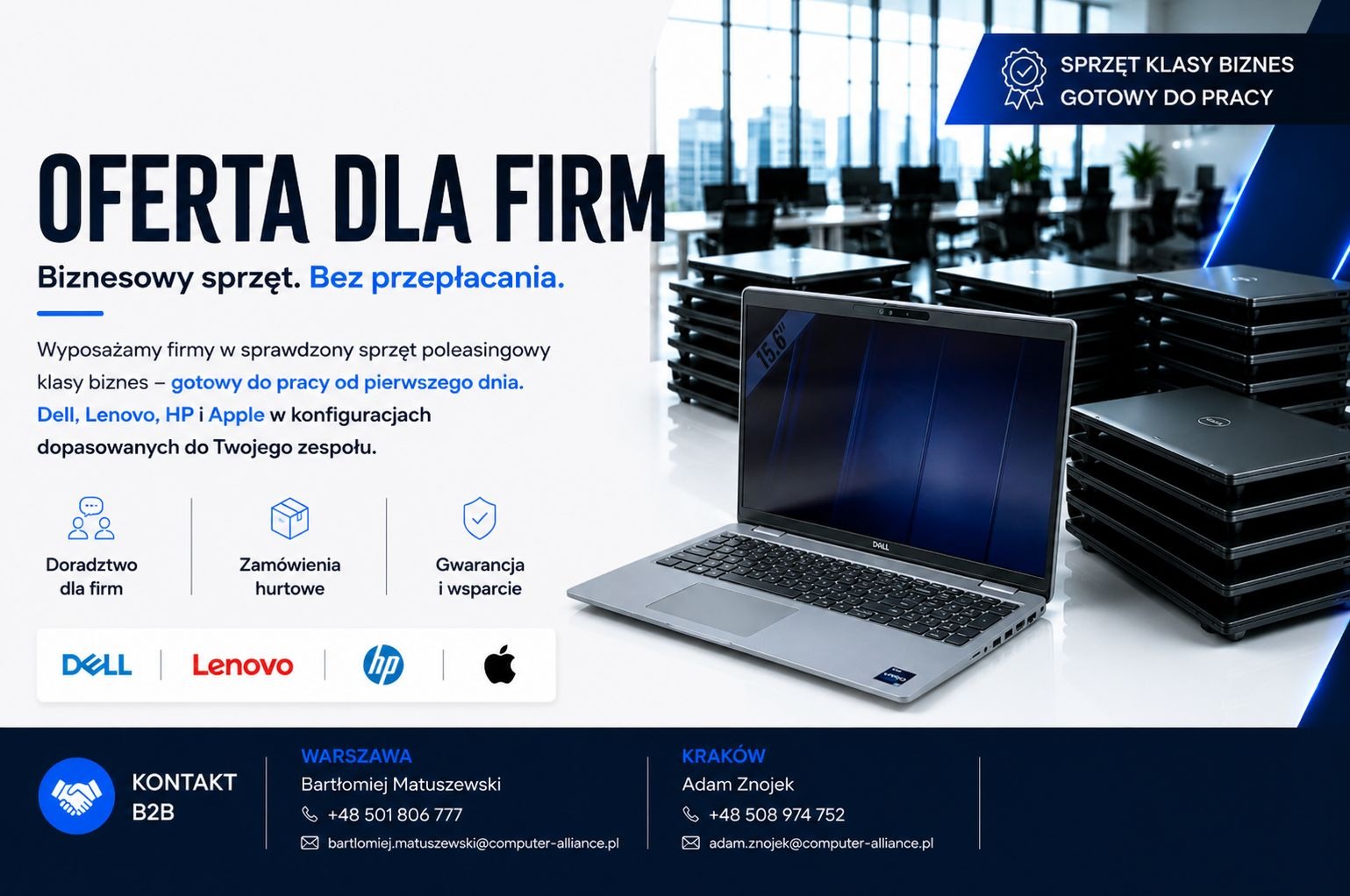 Oferta dla firm Computer Alliance – laptopy i komputery poleasingowe klasy biznes Dell, Lenovo, HP i Apple dla firm, zamówienia B2B i wyposażenie stanowisk pracy.