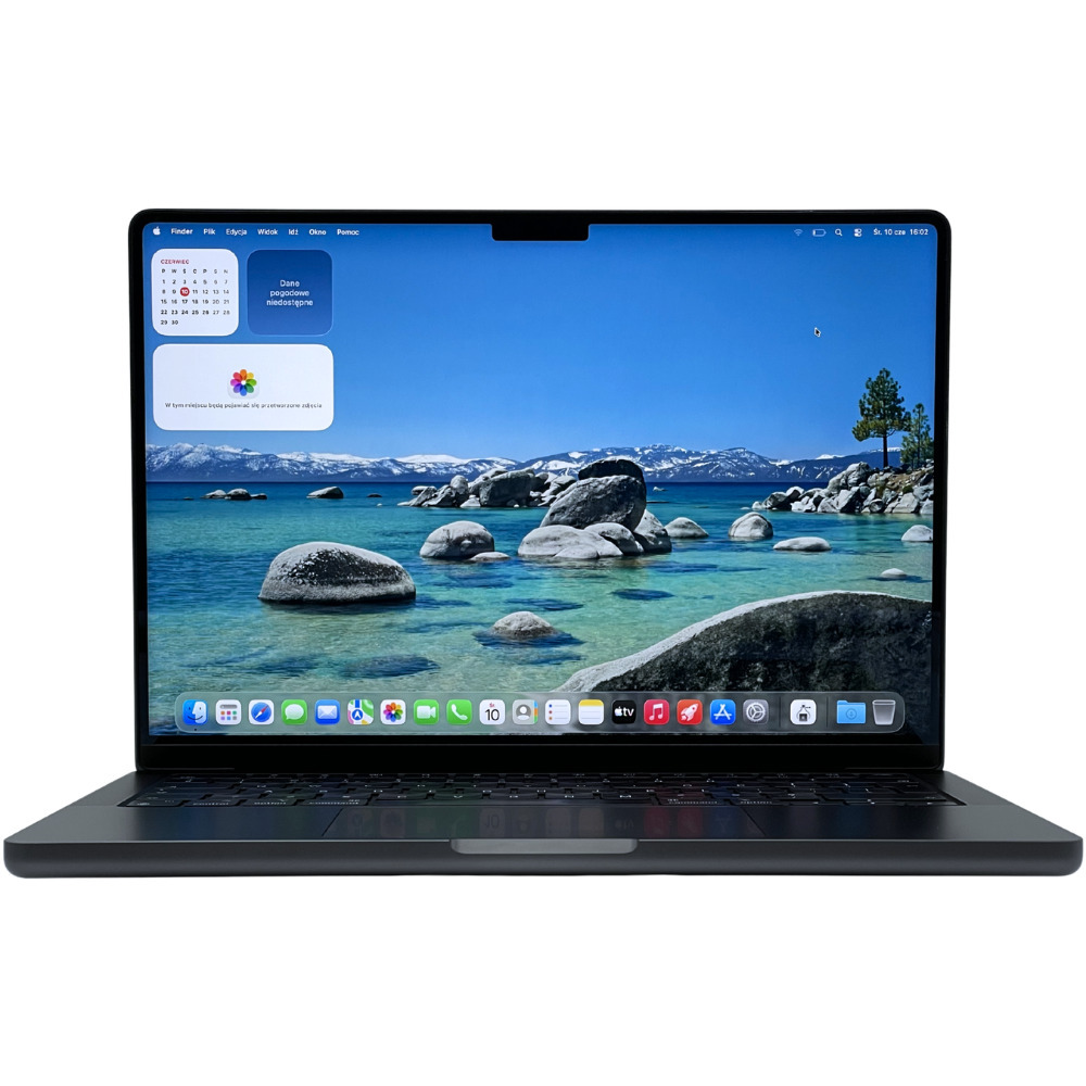 Apple MacBook Pro 14 A2992 Space Black widok od przodu z włączonym ekranem Retina