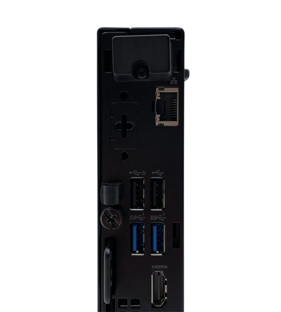 Dell Optiplex 7020 Micro – detale tylnego panelu złączy wideo i zasilania Dell Optiplex 7020 Micro zbliżenie na górne porty z tyłu obudowy