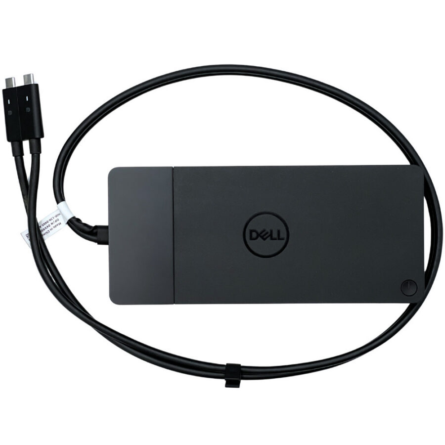 Dell WD19DCS widok z góry na włącznik zasilania i podwójny kabel USB-C