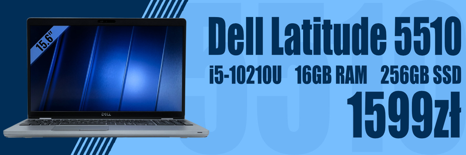 Dell Latitude 5510 i5 – niezawodny laptop biznesowy 15,6" Full HD Baner reklamowy prezentujący laptop Dell Latitude 5510 z procesorem Intel Core i5-10210U, przeznaczony do pracy biurowej, nauki, obsługi dokumentów oraz codziennych zastosowań biznesowych.