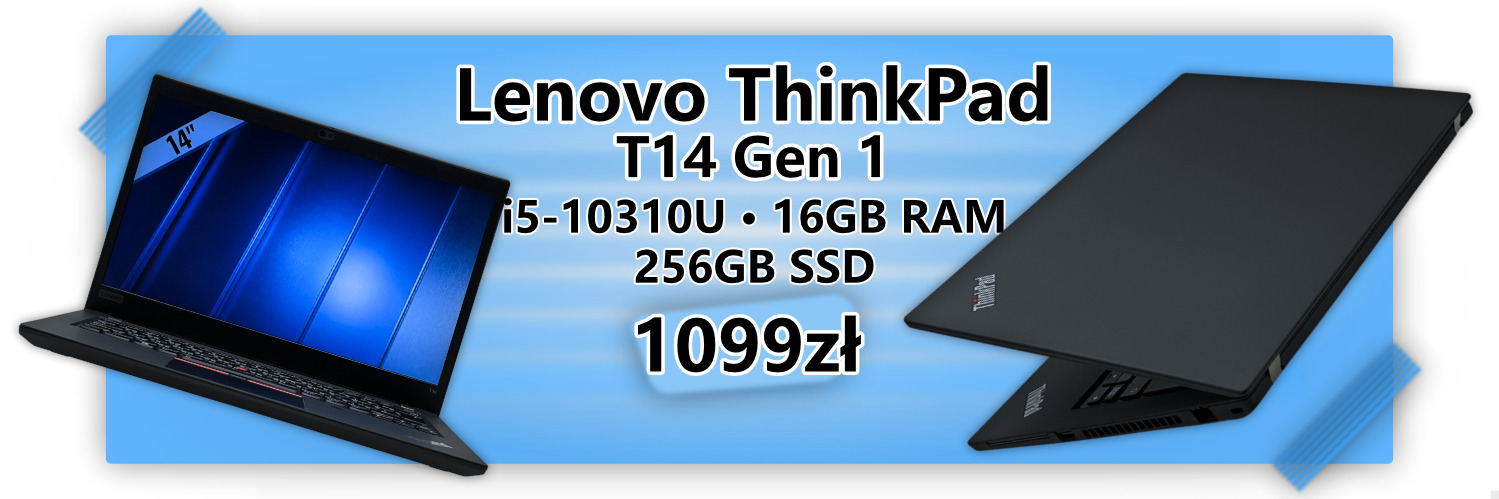 Lenovo ThinkPad T14 i5 – profesjonalny laptop biznesowy Full HD Baner reklamowy prezentujący laptop Lenovo ThinkPad T14 z procesorem Intel Core i5-10310U, stworzony do pracy zdalnej, biurowej, spotkań online oraz codziennych zadań biznesowych.