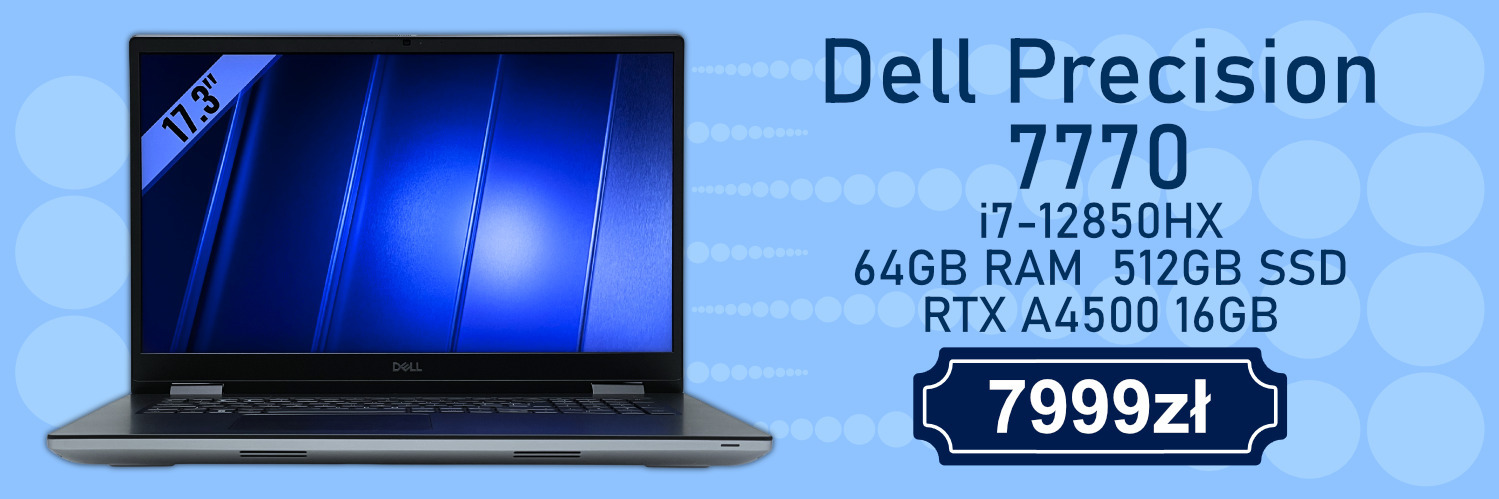 Dell Precision 7770 i7 RTX A4500 – mobilna stacja robocza dla profesjonalistów Baner reklamowy prezentujący mobilną stację roboczą Dell Precision 7770 z procesorem Intel Core i7-12850HX i kartą graficzną NVIDIA RTX A4500 16 GB, przeznaczoną do projektowania 3D, renderingu, pracy z CAD oraz profesjonalnych zastosowań inżynierskich.