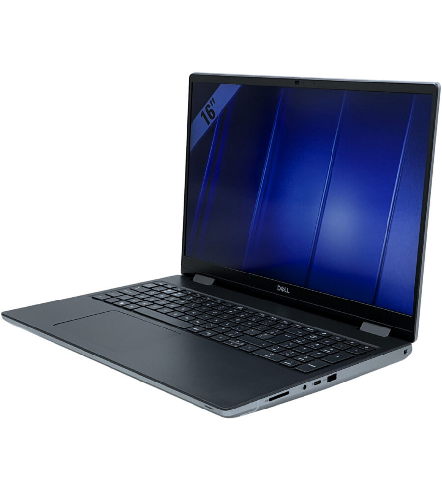 Dell Precision 7680 – prawy bok laptopa pod kątem Dell Precision 7680 widok z prawej strony pod kątem z czytnikiem kart i portami USB