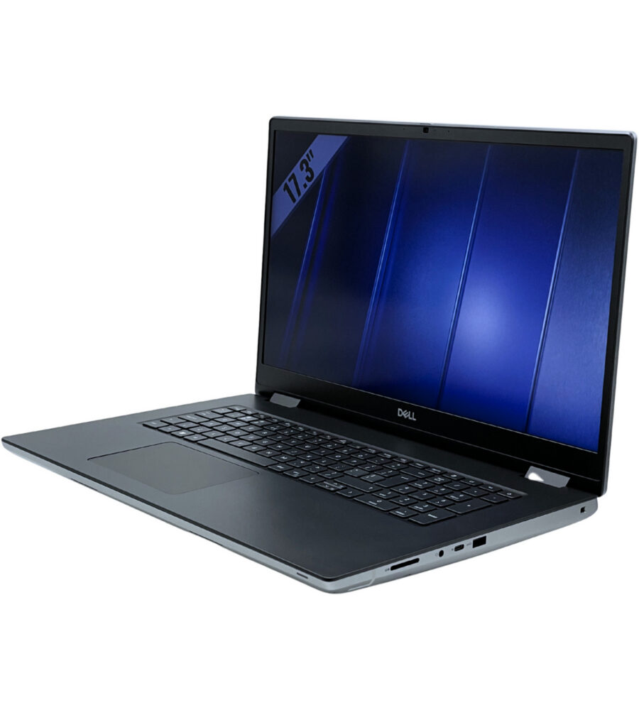 Dell Precision 7770 – prawy bok laptopa pod kątem Dell Precision 7770 widok z prawej strony pod kątem z portami USB i czytnikiem kart